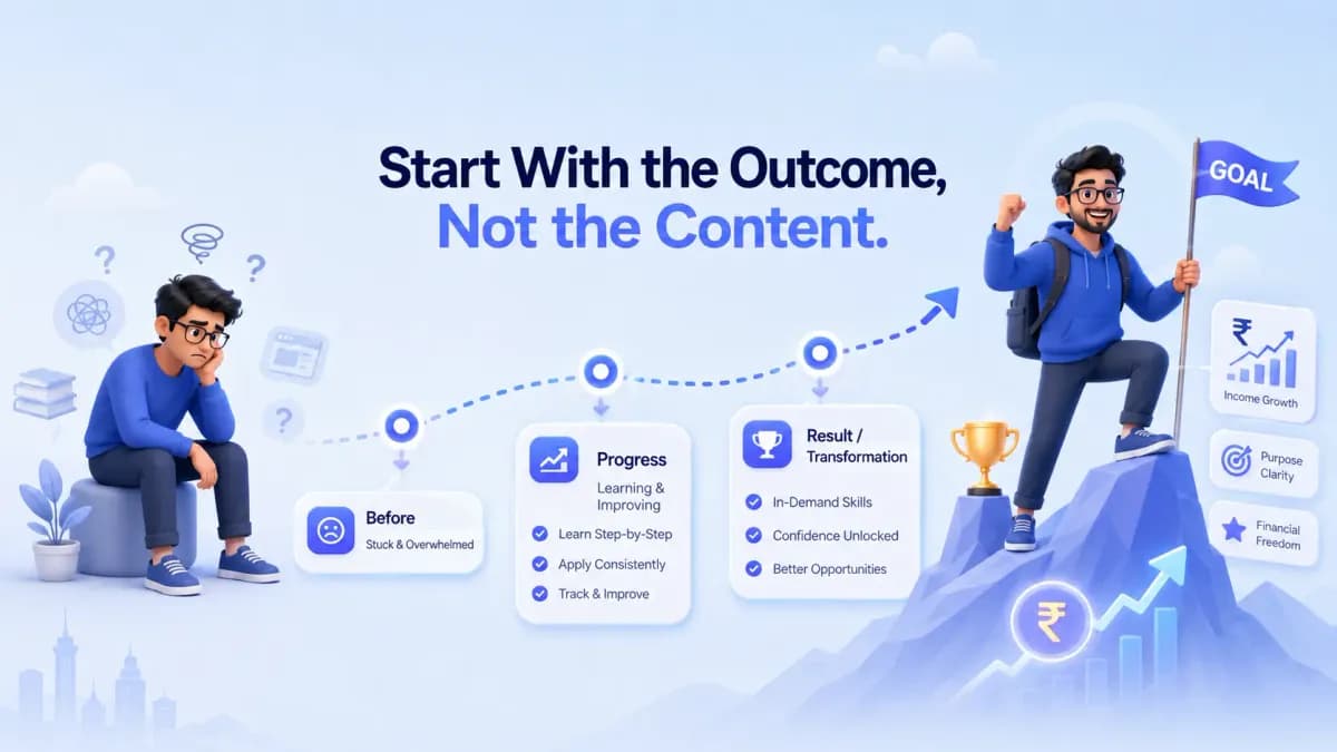 Start with the outcome, not the content: a student's journey from stuck and overwhelmed, through learning step by step and applying consistently, to a result of in-demand skills, confidence and better opportunities.