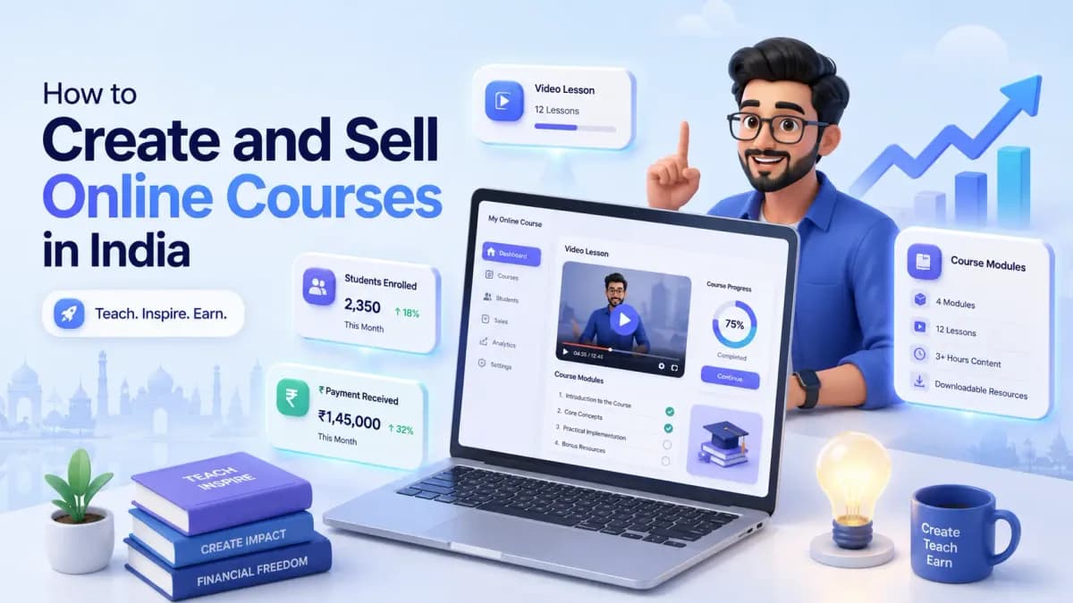 How to create and sell online courses in India: a creator beside a laptop showing a course dashboard with a video lesson, course modules and progress, alongside cards for students enrolled and payments received.